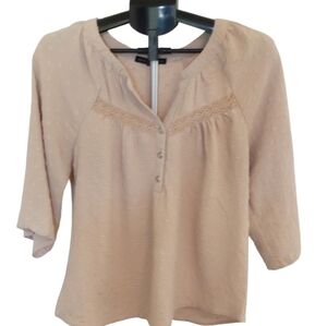 Light Beige Billowy Blouse with Lace And Fringed Polka Dots Medium Size